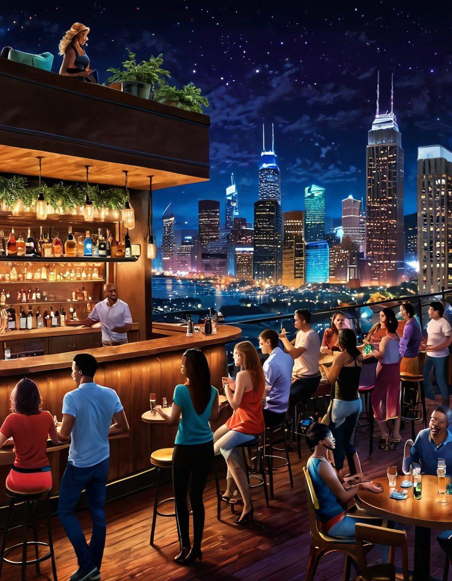 A vibrant nightlife scene featuring a diverse group of adults enjoying various exciting activities, such as dancing, dining, and playing games. The atmosphere is lively, with colorful lights and laughter filling the air, showcasing an array of fun experiences. Highlight a cozy bar setting and an outdoor rooftop with a beautiful city skyline in the background. super-realistic. vibrant colors. night scene.