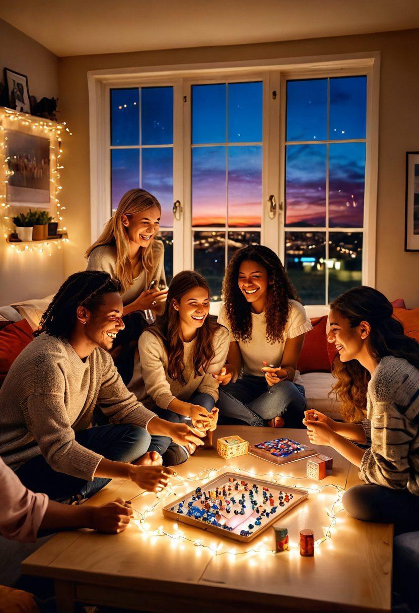 A cozy living room setting illuminated by warm fairy lights, featuring a group of friends gathered around a table playing unique interactive games. The scene captures laughter and excitement, with various colorful game pieces scattered across the table. A window in the background shows a sunset, adding a touch of golden hue. Include cozy blankets and oversized cushions for a relaxed vibe. vibrant colors. super-realistic.